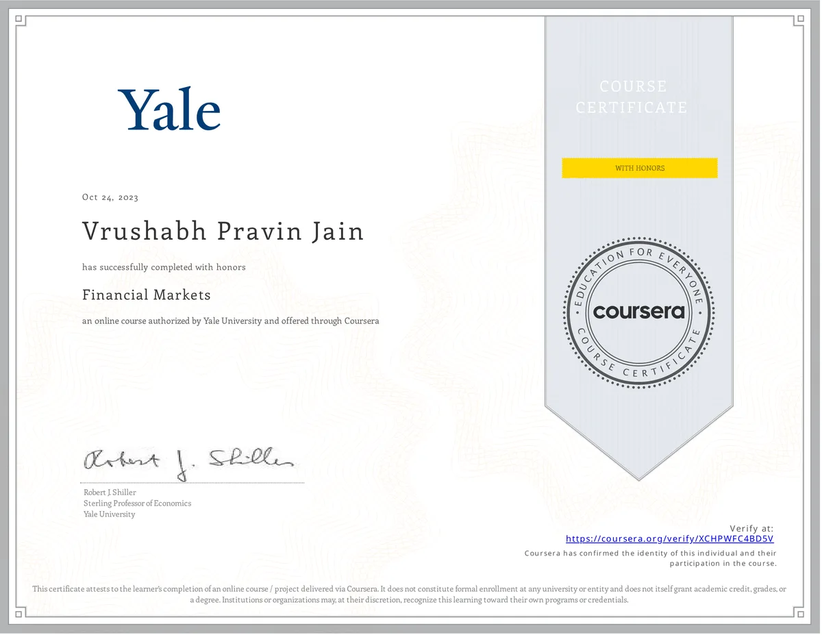 Financial Markets (with honors) certificate, Yale University · Coursera