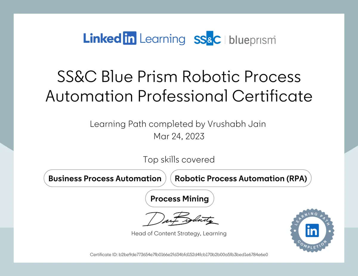 Robotic Process Automation Professional Certificate certificate, SS&C Blue Prism · LinkedIn Learning